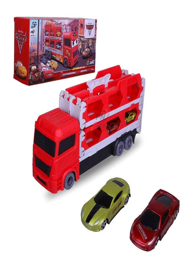 PN AVAN Big Hauler Storage & Deform Transport Truck Toy with 2 Foldable Ejection Race Track & 2 Pcs Die cast Cars for Kids (Big Hauler Red) - Image 1